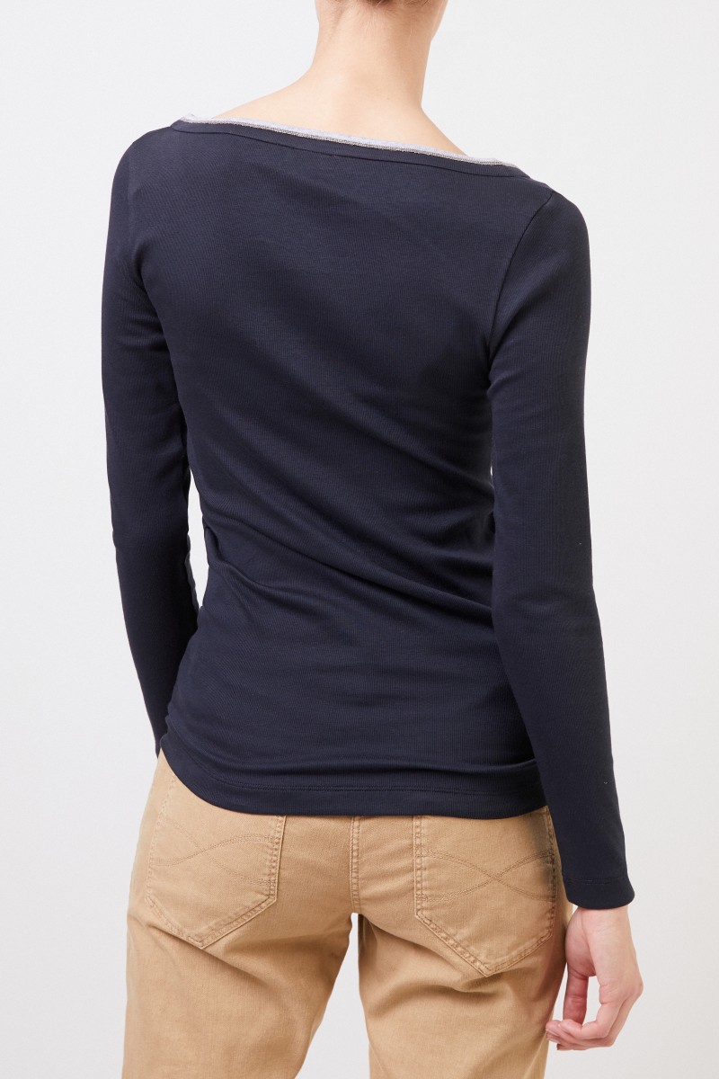 Brunello Cucinelli Geripptes Baumwoll-Longsleeve Blau