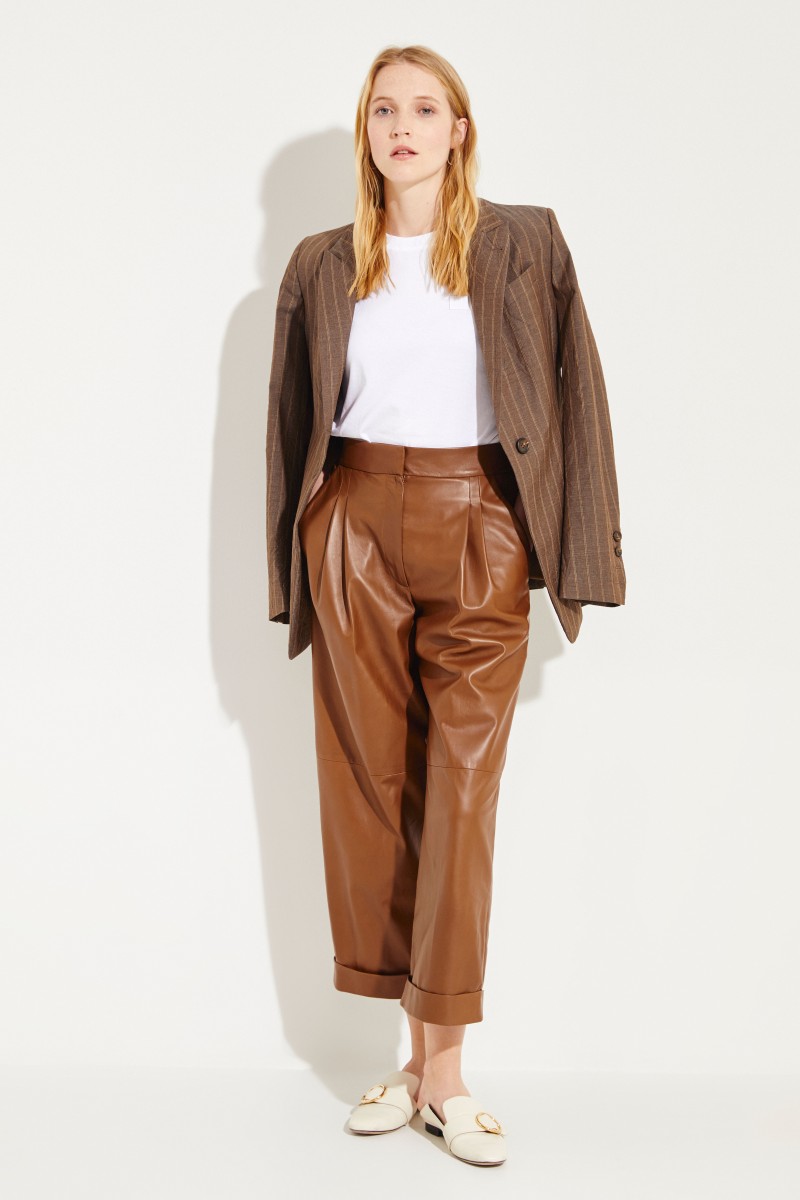 Leder-Bundfaltenhose Braun