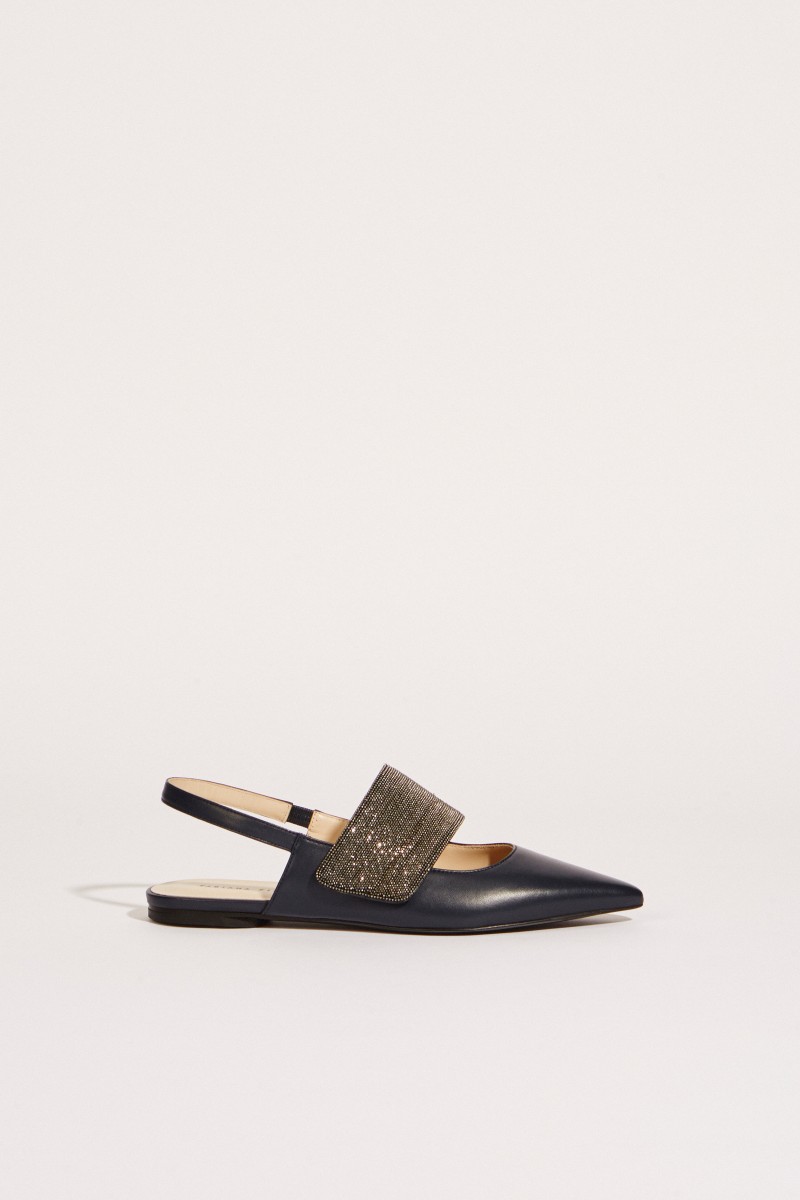 Leder-Flat mit Perlenverzierung Blau