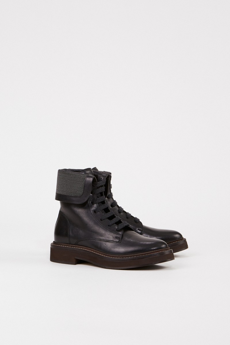 Brunello Cucinelli Leder-Boots mit Perlenverzierung Schwarz