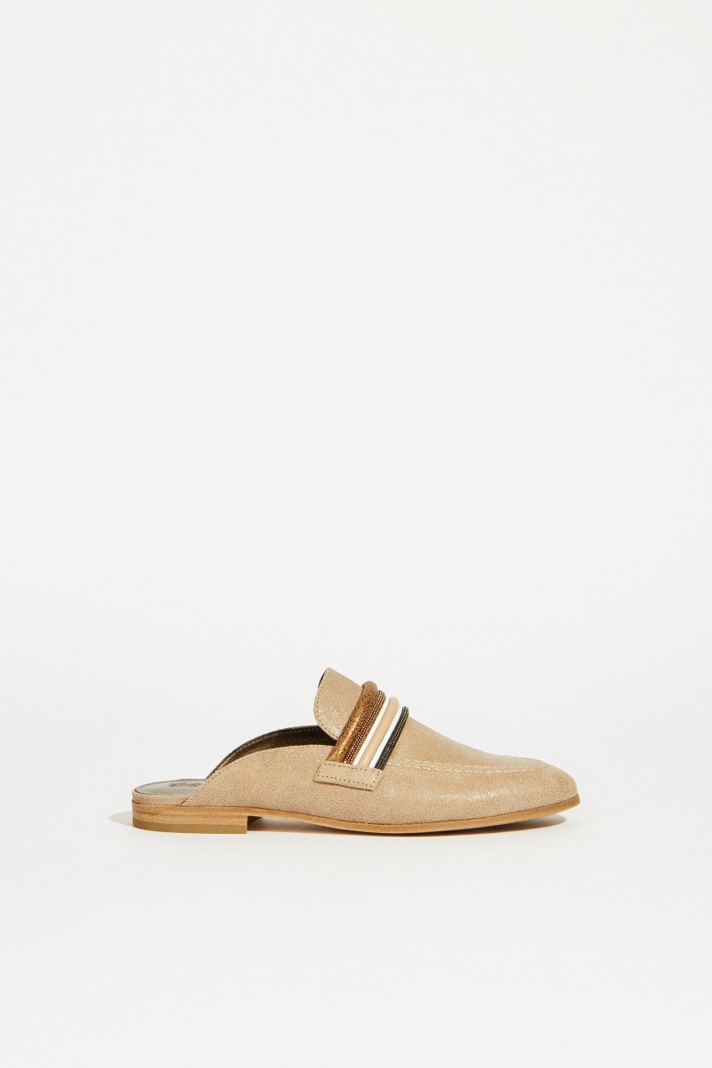 Leder-Mule mit Perlenverzierung Beige