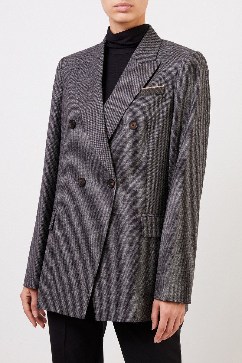 Brunello Cucinelli Karierter Woll-Blazer mit Perlenverzierung Schwarz/Grau