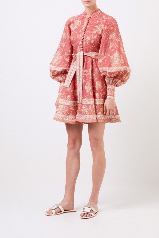 Zimmermann Kurzes Leinen-Kleid 'Veneto' mit Print Koralle