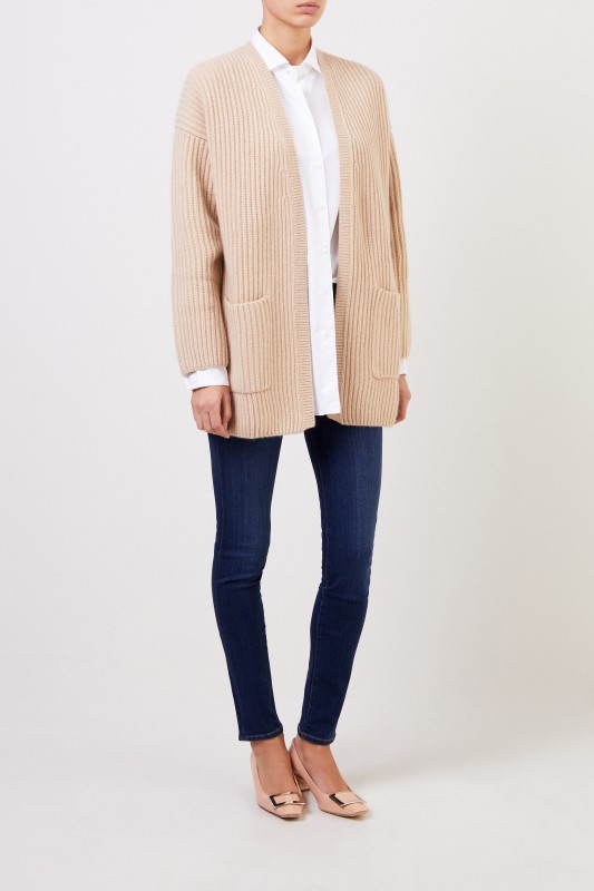 Allude Langer Cashmere-Cardigan Camel