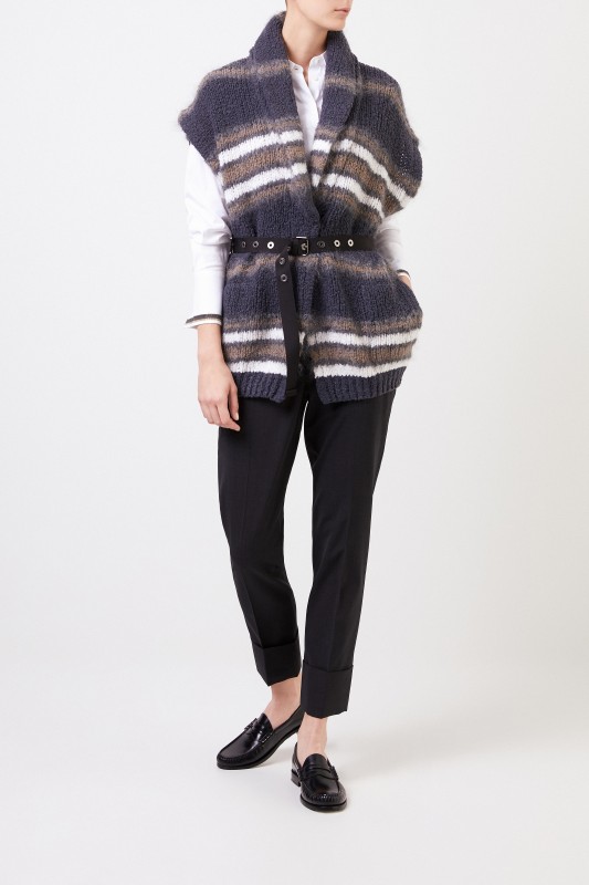 Brunello Cucinelli Kurzarm Woll-Cardigan mit Gürtel Grau/Multi