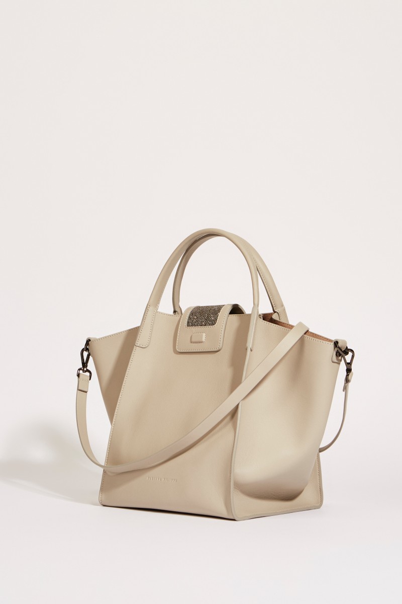 Leder-Tasche 'Viola' mit perlenverzierter Lasche Taupe