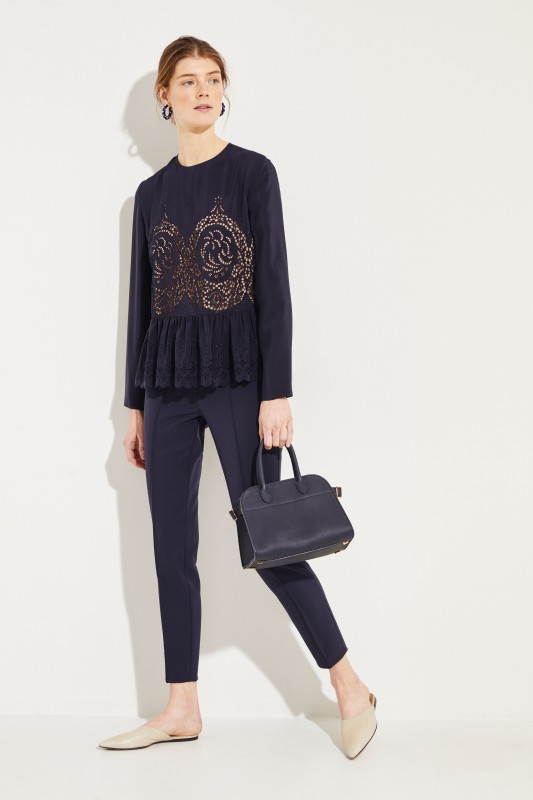 Seiden-Bluse mit Lochspitze Marineblau