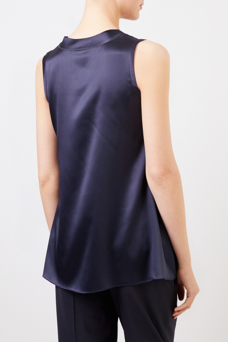 Brunello Cucinelli Seiden-Top mit V-Neck Marineblau