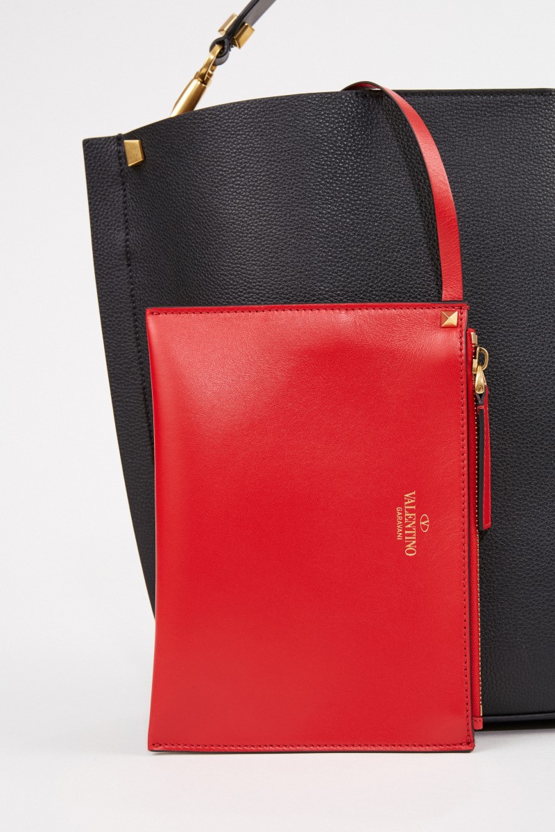 Leder-Shopper mit Pouchette Schwarz