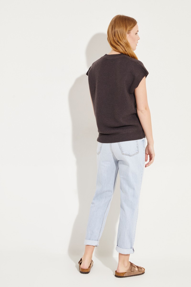 Kurzarm Woll-Cashmere-Pullover Dunkelbraun