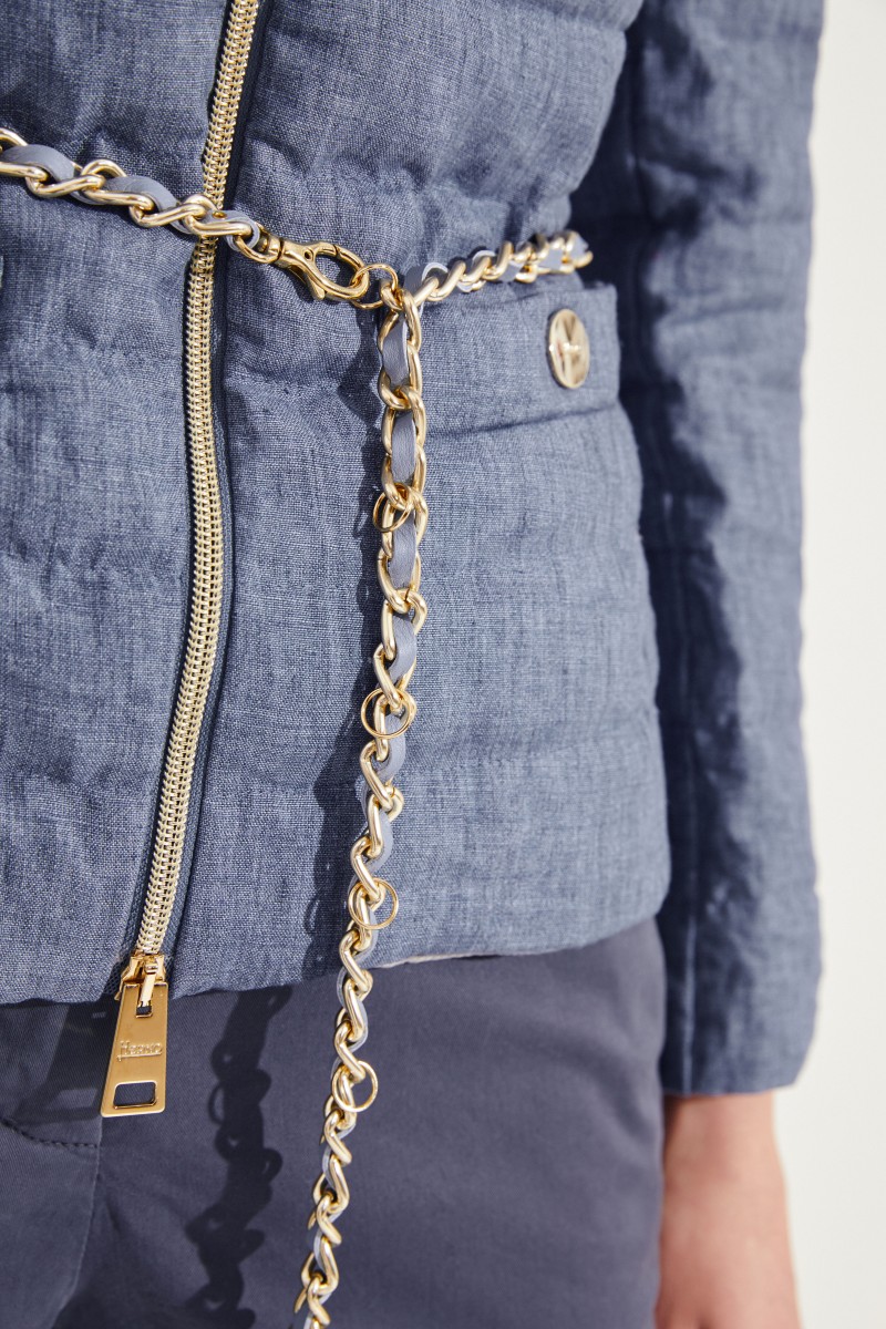 Leinen-Daunenjacke mit Gürteldetail Blau