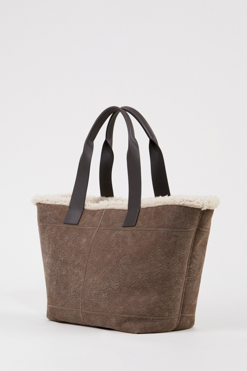 Lammleder-Shopper mit Perlenverzierung Taupe