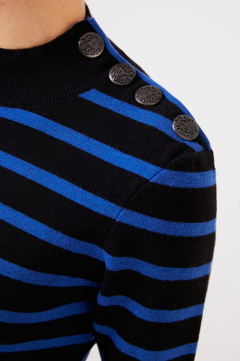 Stella McCartney Gestreifter Woll-Pullover mit Knopf-Detail Schwarz/Blau