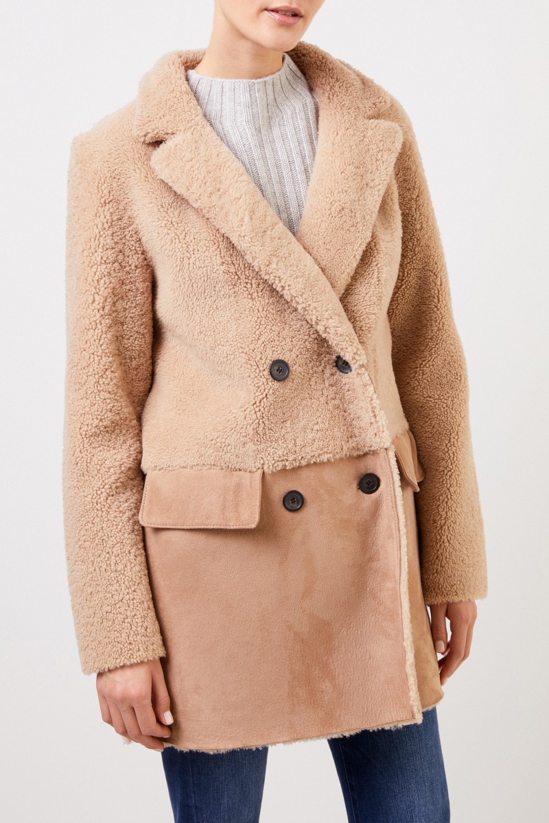 UNGER Zweireihiger Wende-Lammfellmantel Beige