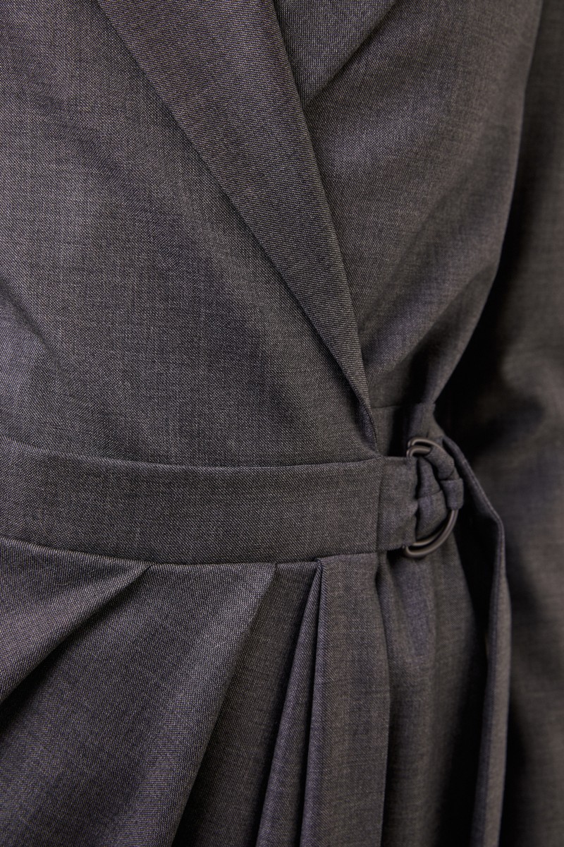 Brunello Cucinelli Woll-Hemdblusenkleid mit Wickeldetail Anthrazit