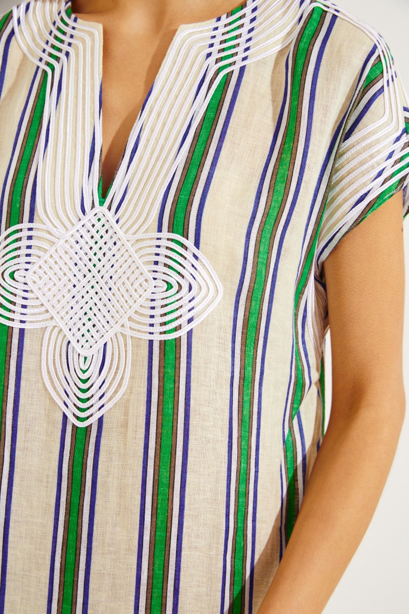 Gestreiftes Leinenkleid mit Stickerei Grün/Multi
