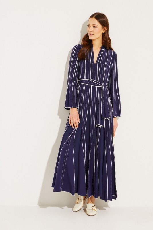 Maxi-Seidenkleid Marineblau/Weiß