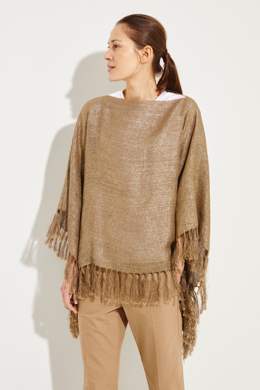 Leinen-Poncho mit Lurexdetails Braun/Gold