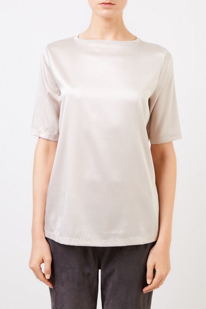 Seiden-Shirt mit Strickkragen Beige