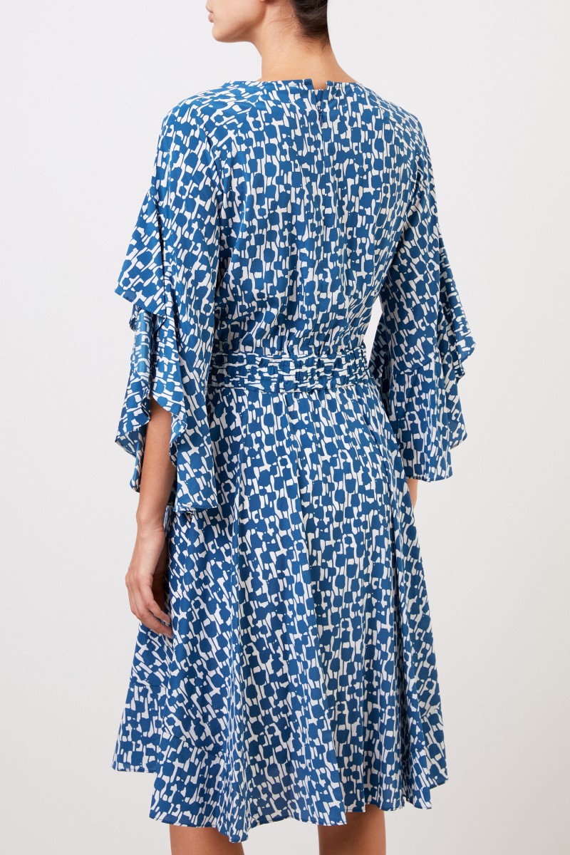 Seidenkleid mit Mustermix Blau/Weiß
