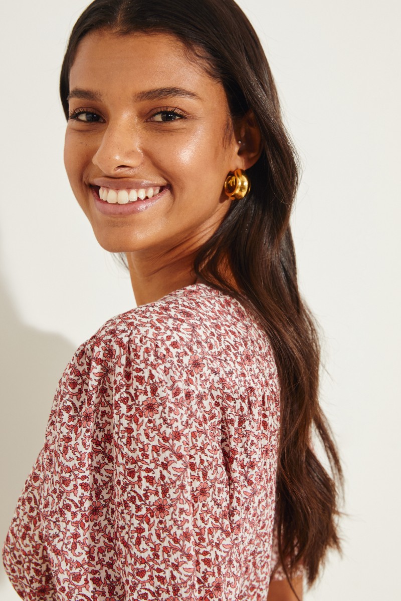 Baumwoll-Seiden-Top mit floralem Print Rot/Multi