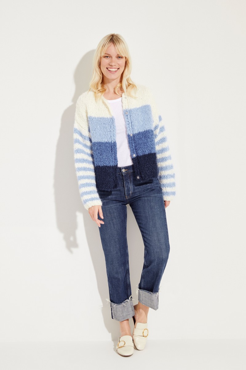 Seiden-Leinen-Cardigan 'Steff' Weiß/Blau