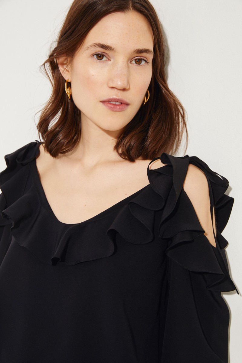 Seiden-Bluse mit Rüschen Schwarz