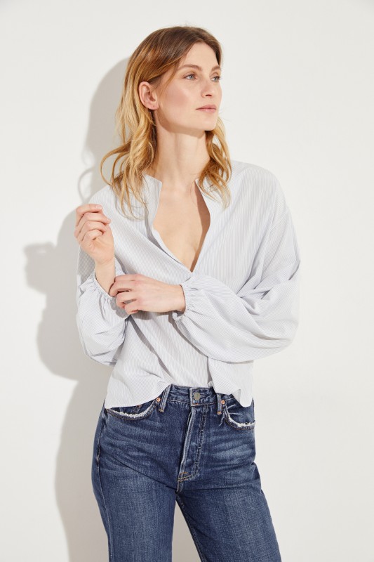 Gestreifte Seidenbluse Blau/Weiß