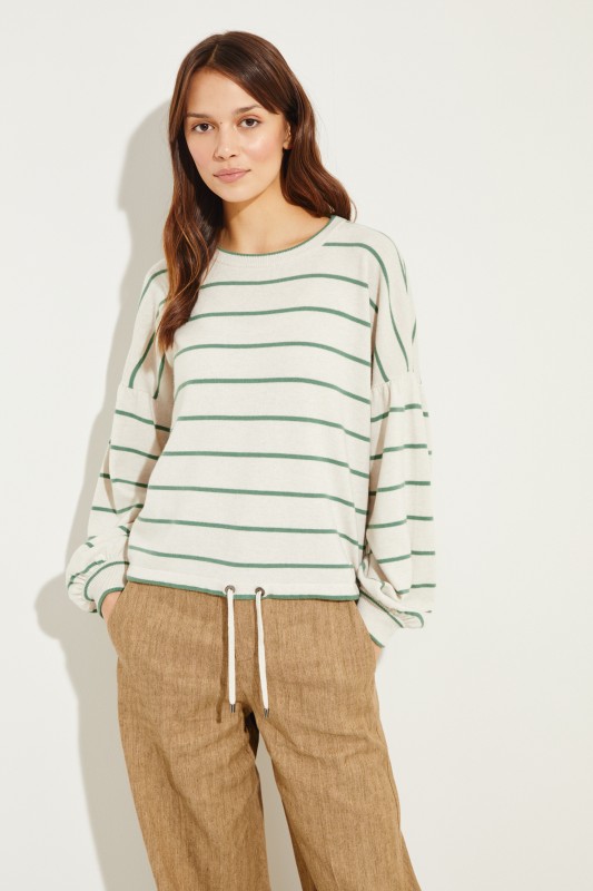 Brunello Cucinelli Woll-Cashmere-Pullover mit Streifen Crème/Grün