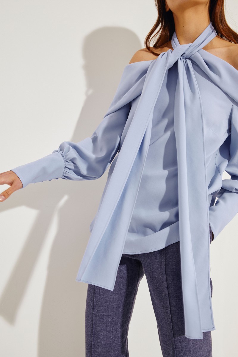 Seiden-Bluse mit Bindeelement Blau