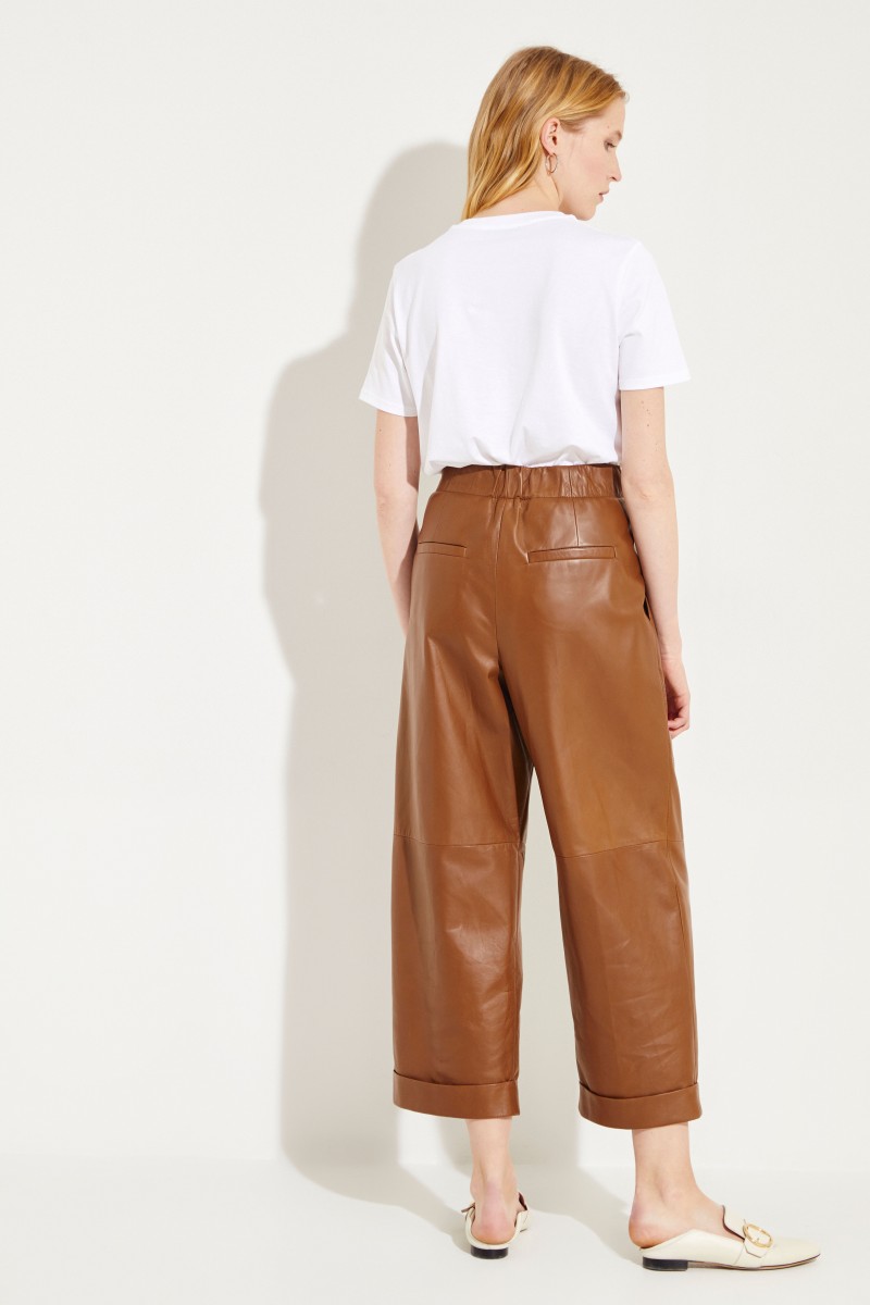 Leder-Bundfaltenhose Braun