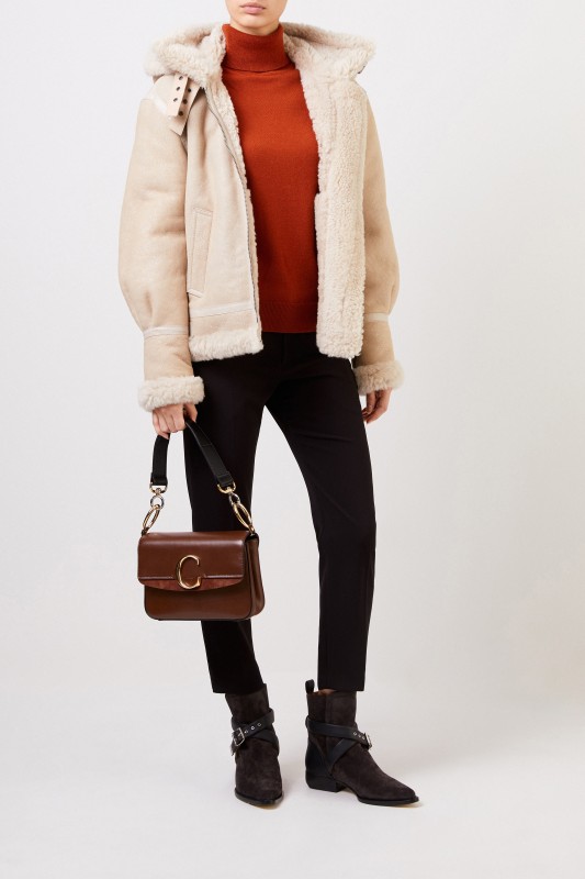 Chloé Lammfelljacke mit strukturiertem Leder Natural White