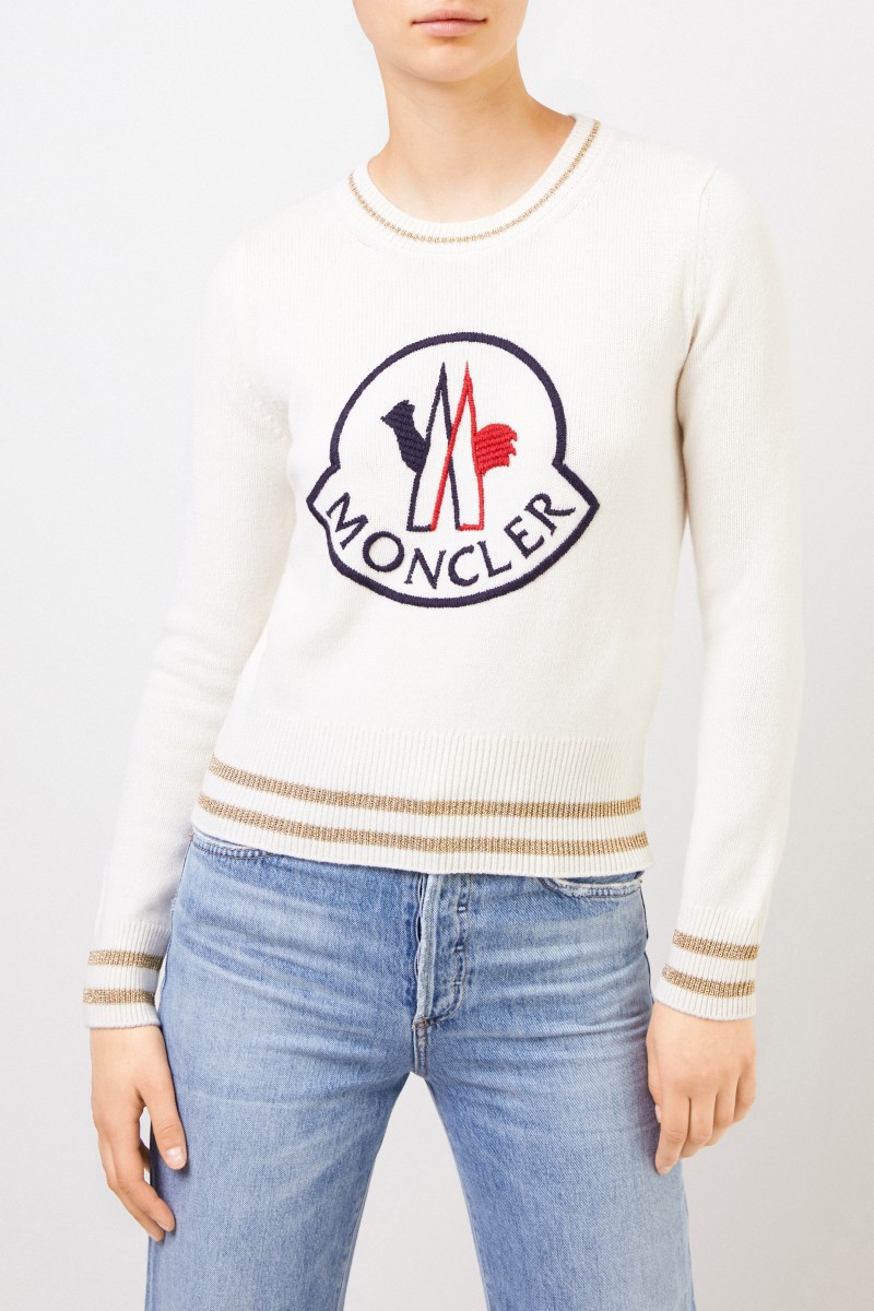Moncler Woll-Cashmere-Pullover mit Logo Crème