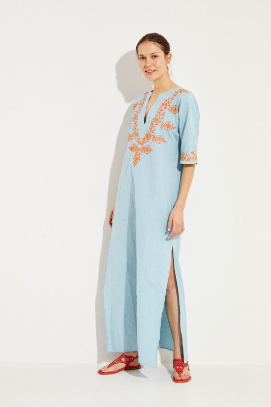 Baumwoll-Leinen-Kaftan mit Stickerei Blau