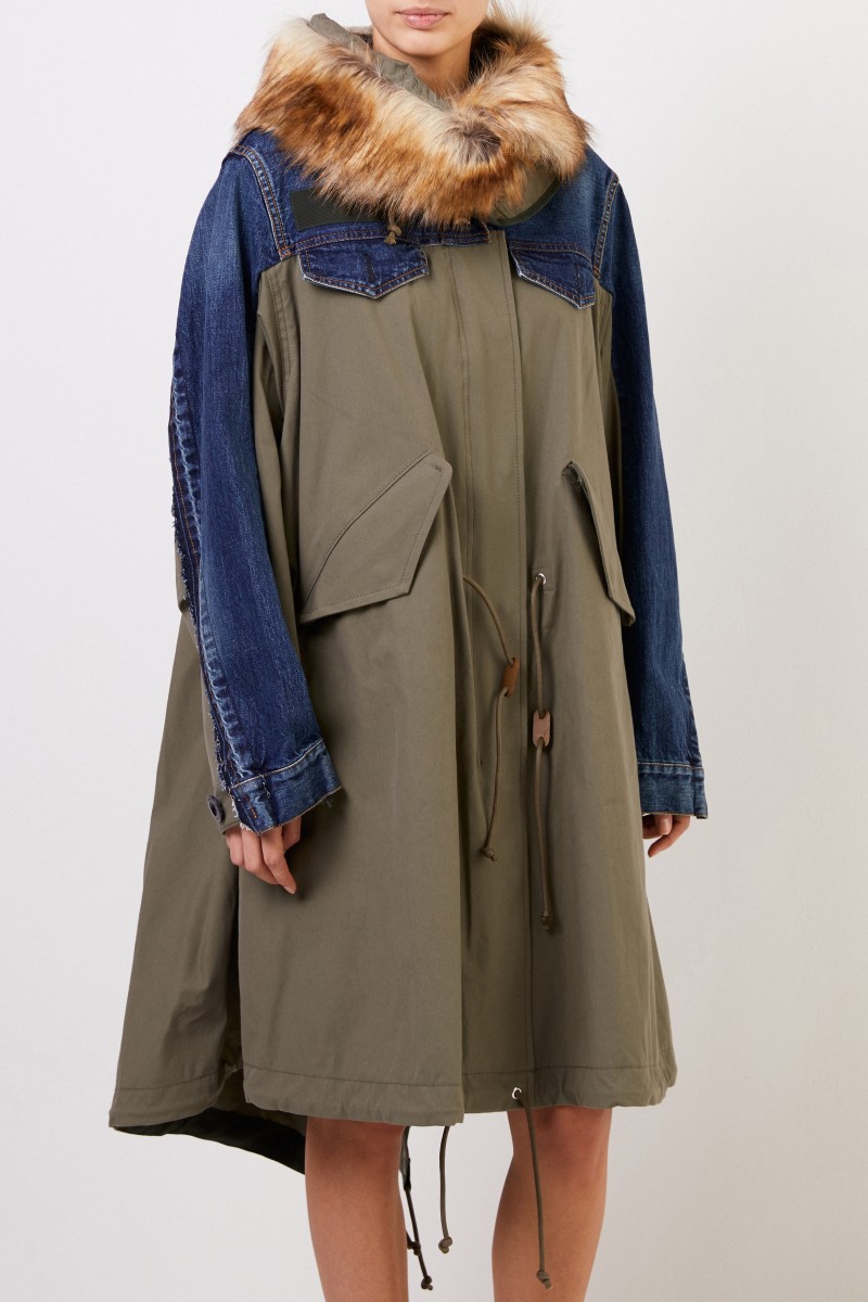 Sacai Langer Mantel mit Kapuze Blau/Khaki