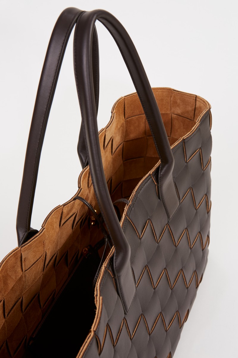 Geflochtener Lammleder-Shopper Dunkelbraun