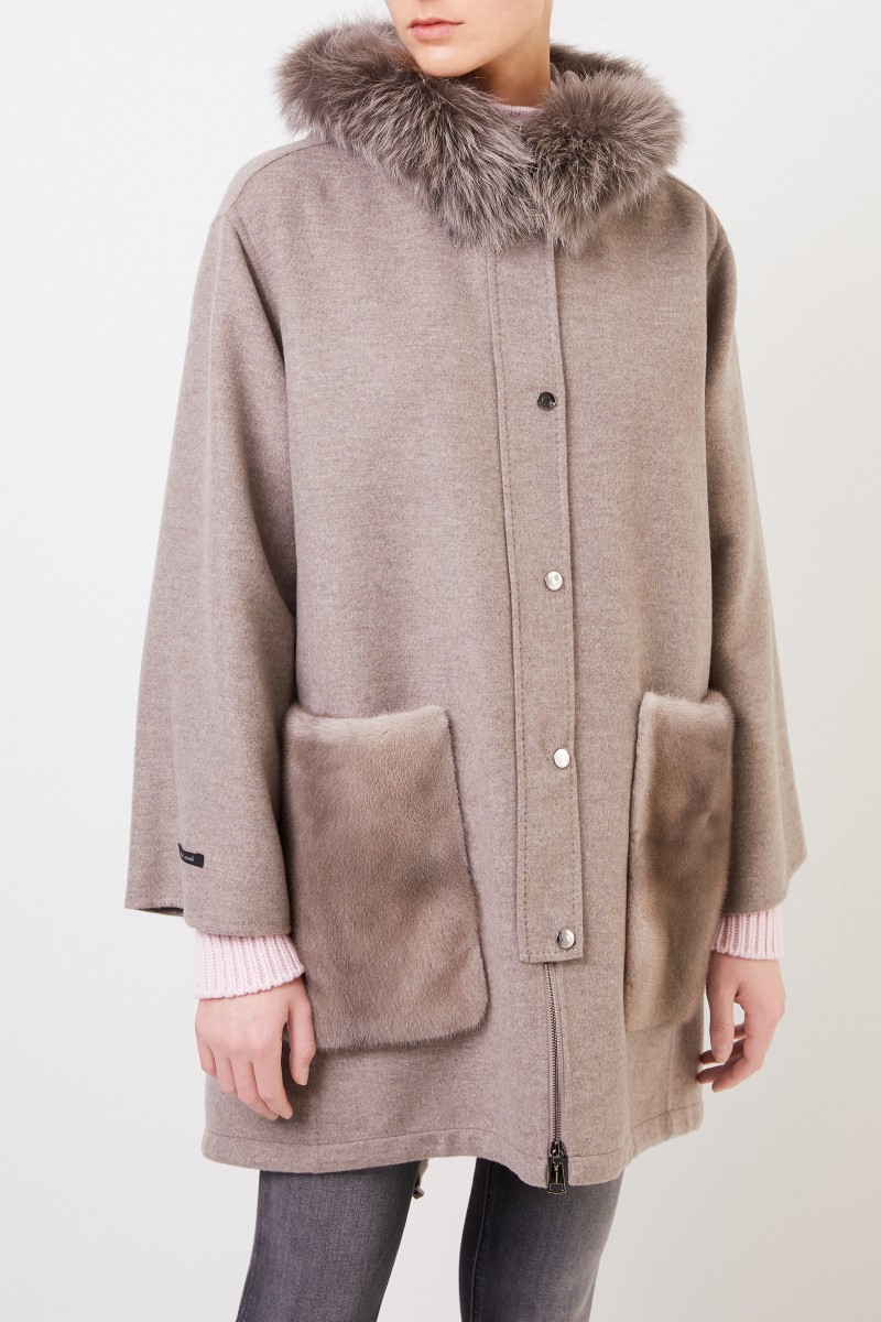 Manzoni 24 Woll-Cashmere-Mantel mit Nerzbesatz Taupe