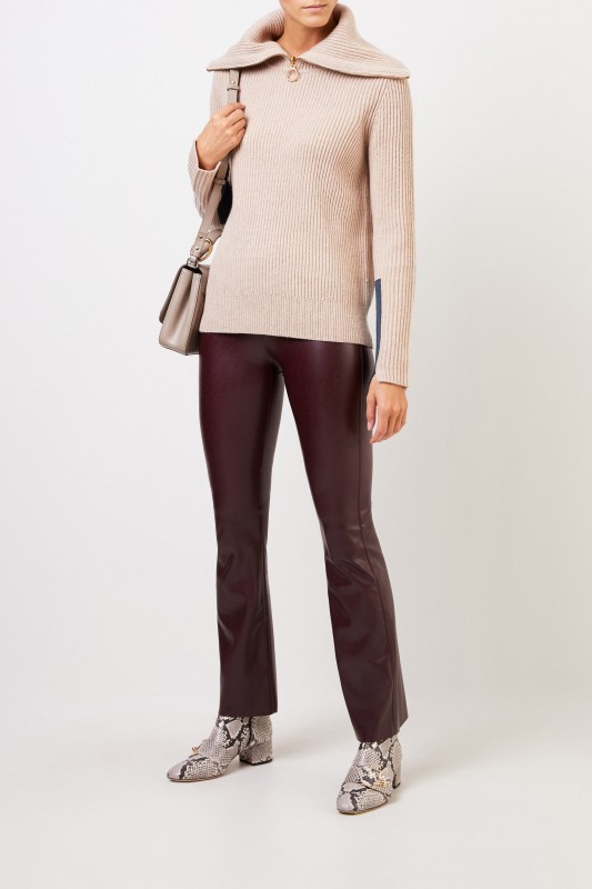 Tory Burch Woll-Cashmere-Pullover mit breitem Kragen Beige