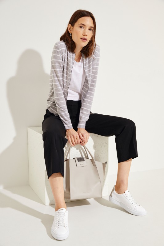 Gestreifter Cashmere-Cardigan Grau/Weiß