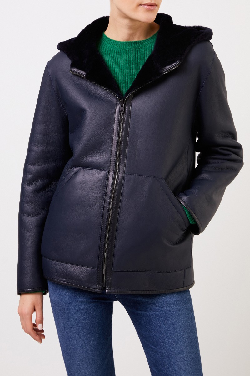 UNGER Wende-Lammfelljacke mit Kapuze Navy