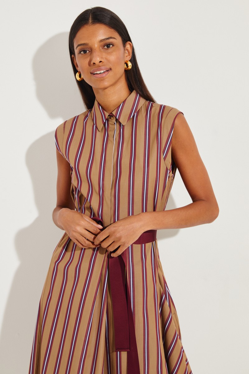 Gestreiftes Hemdblusenkleid mit Gürtel Beige/Bordeaux
