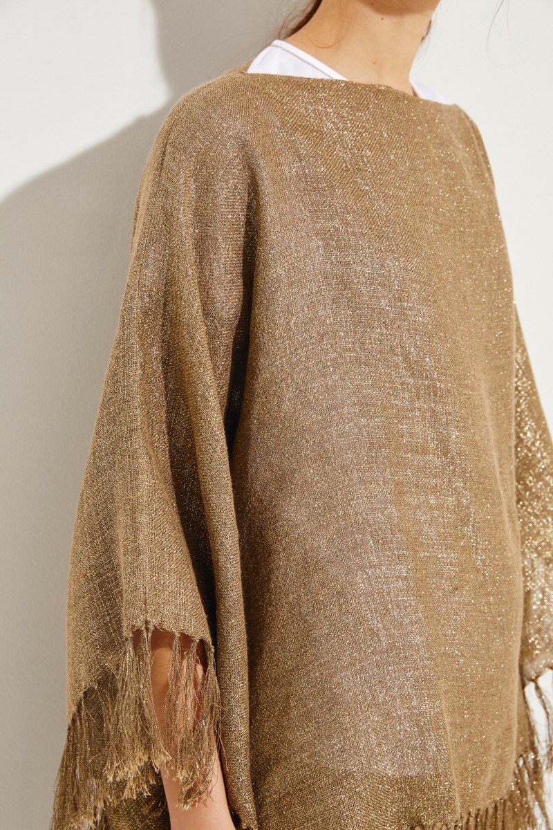 Leinen-Poncho mit Lurexdetails Braun/Gold