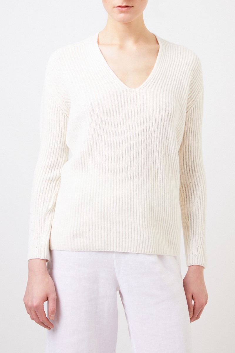 Iris von Arnim Cashmere-Pullover 'Fanchon' mit V-Neck Ecru