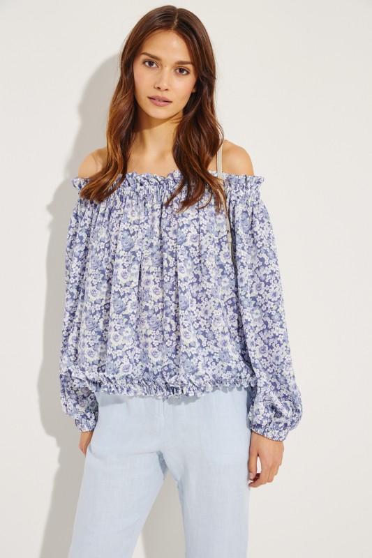 Seiden-Top mit floralem Print Blau/Multi