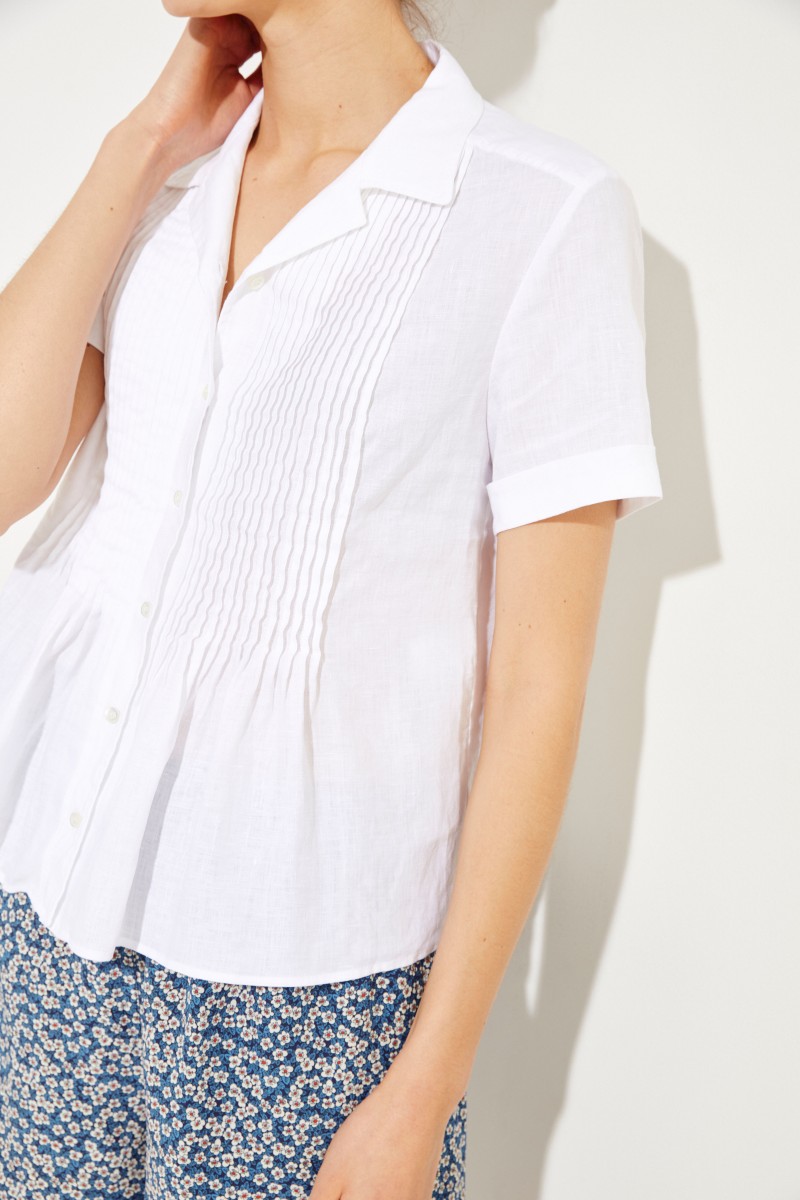 Leinen-Bluse mit Plissee-Details Weiß