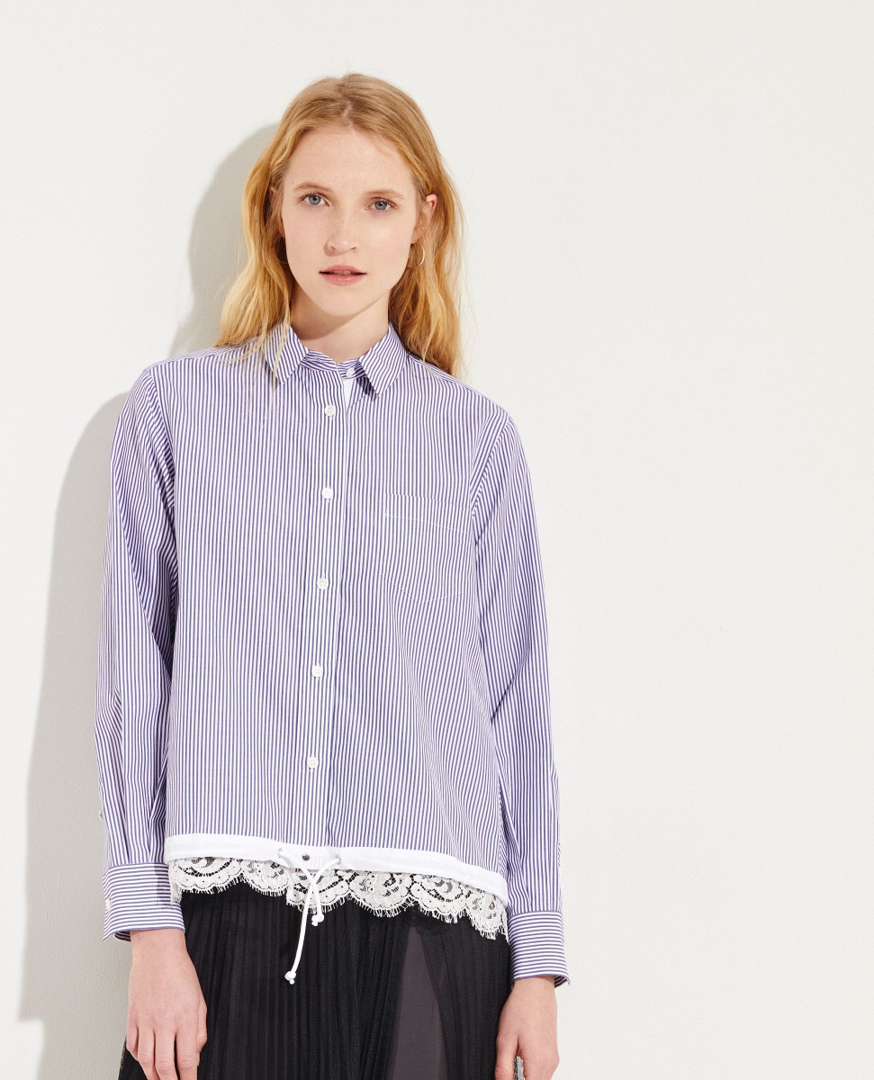 Gestreifte Bluse mit Spitzendetails Blau/Weiß