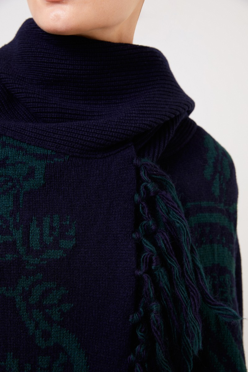 Asymmetrischer Woll-Cardigan mit Muster Navy/Grün