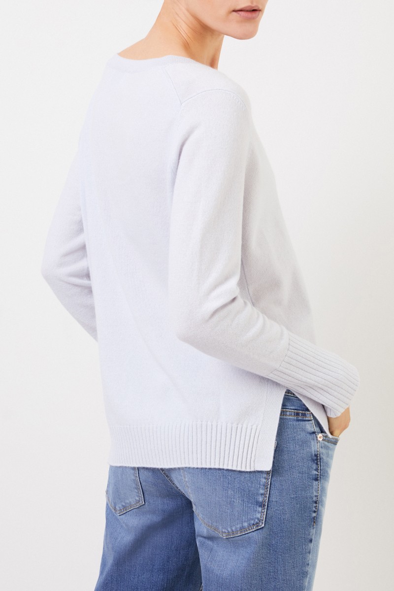 Allude V-Neck Cashmere-Pullover mit Schlitzen Hellblau