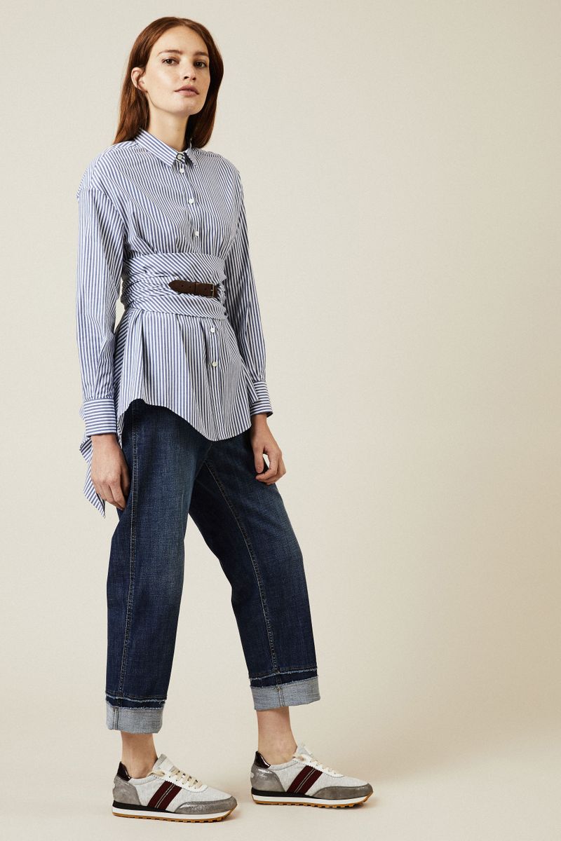 Gestreifte Baumwoll-Bluse mit Gürtel Navy/Weiß