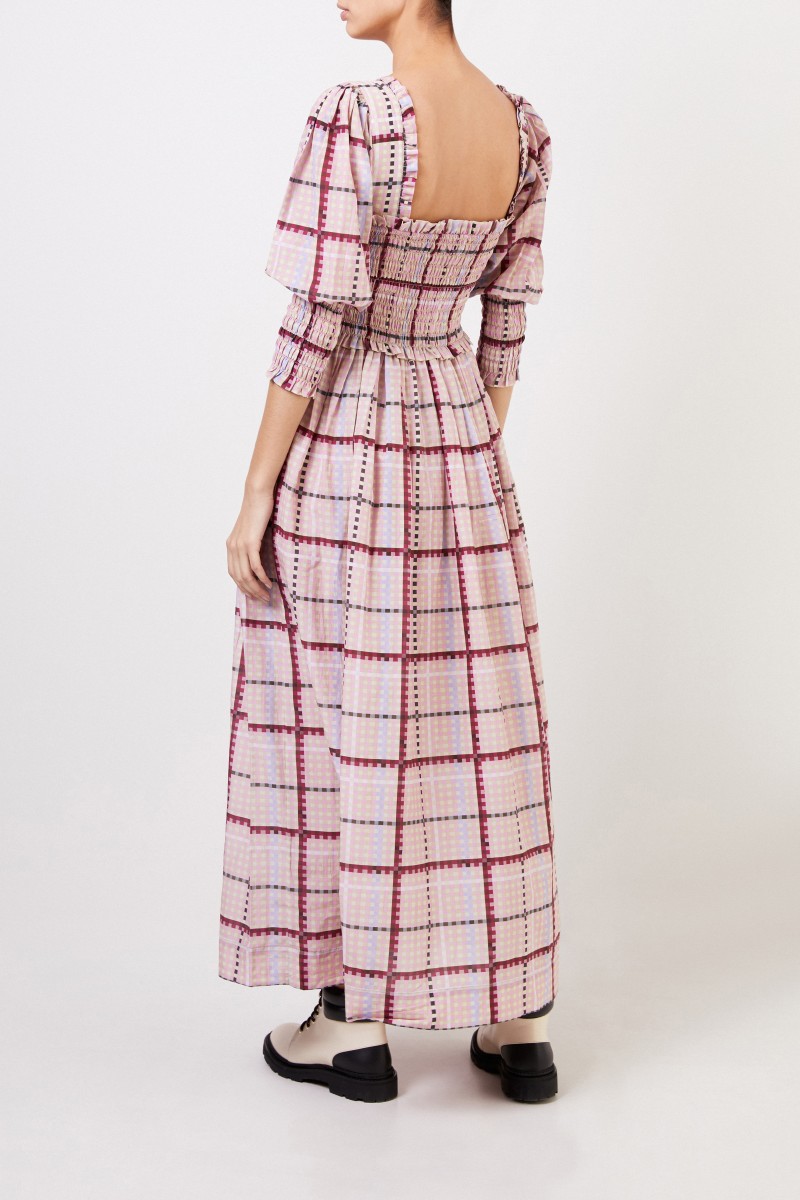 Ganni Langes Baumwoll-Seidenkleid mit Karomuster Multi